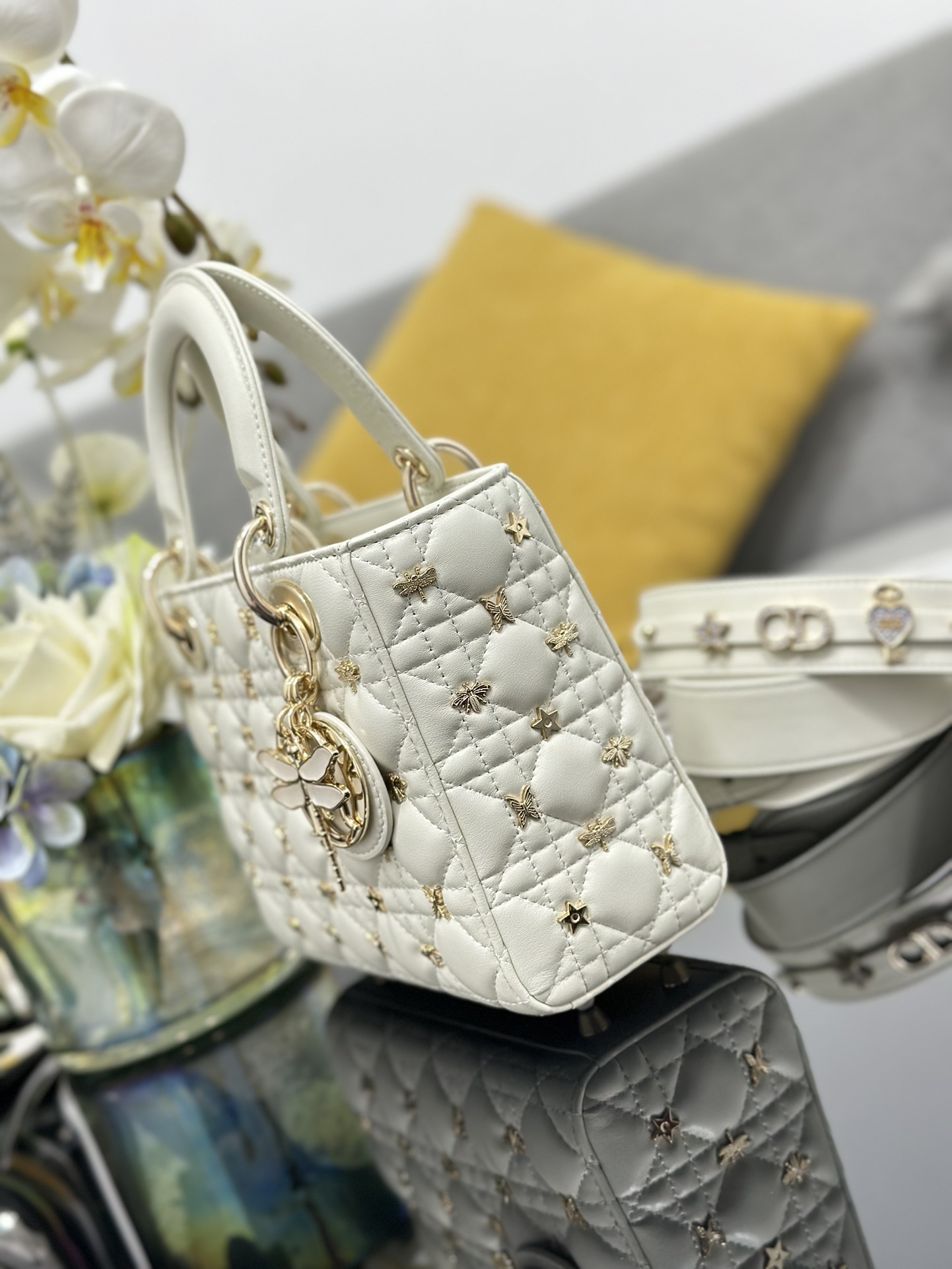 Small Lady Dior Bag White Lambskin with Dragonfly Nail